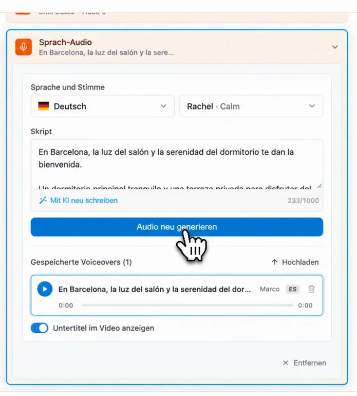 Einstellungen der Sprecherstimme in Pedra: Sprache, Stimme, Skript und Untertitel