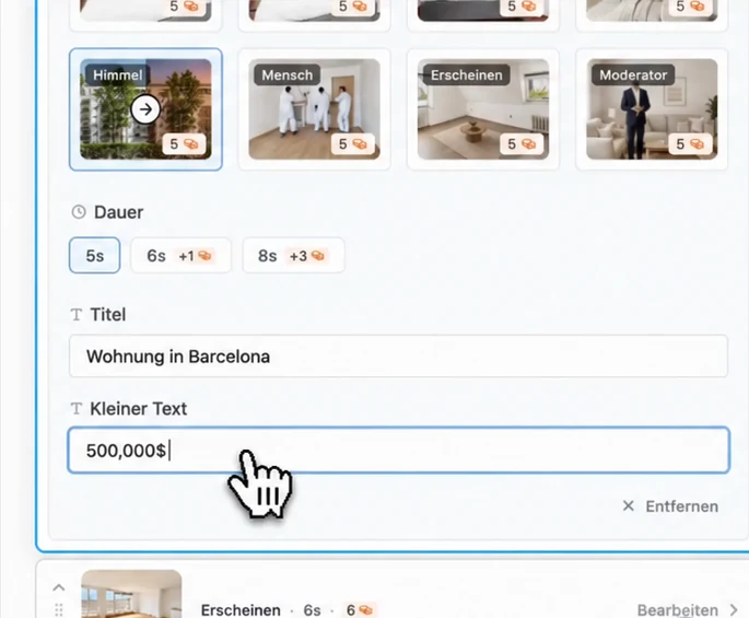 Titel und kleinen Text zur ersten Szene hinzufügen, bevor das Video generiert wird