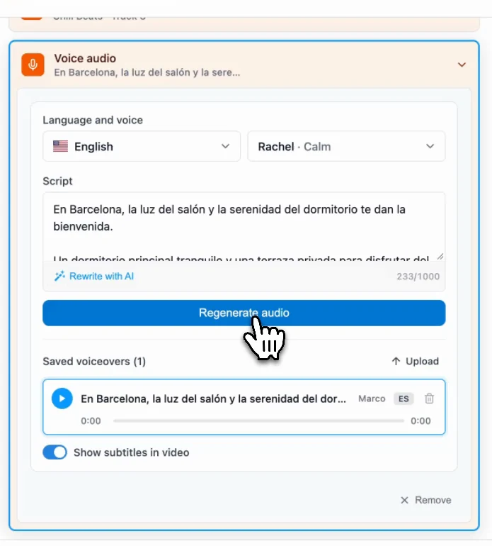 Voiceover settings in Pedra: language, voice, script and the subtitles toggle