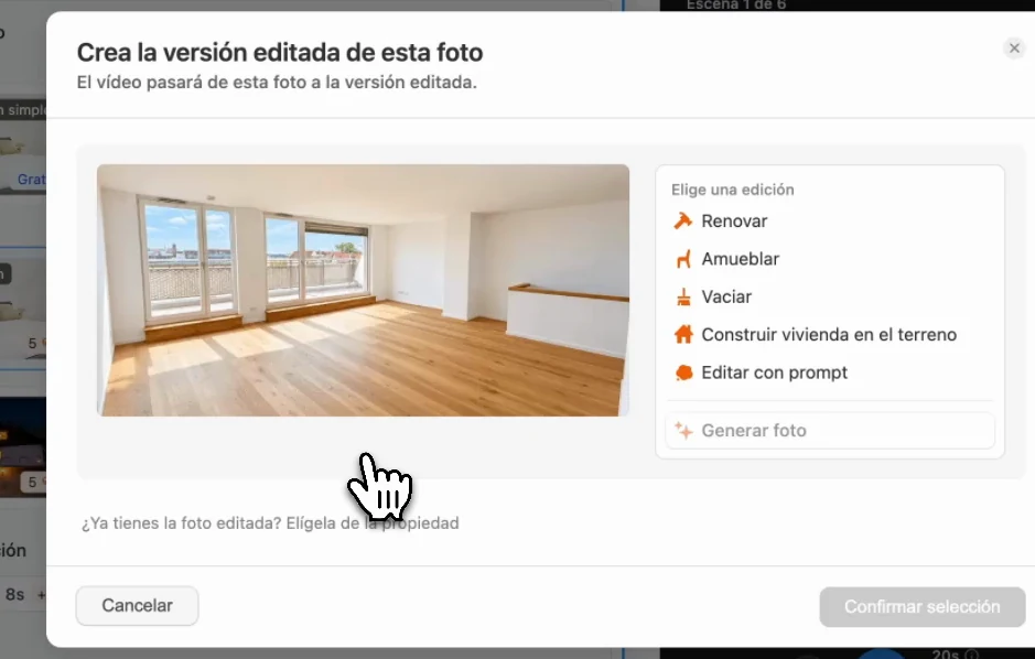 Efecto aparición: elegir Amueblar para que aparezcan los muebles en el salón vacío