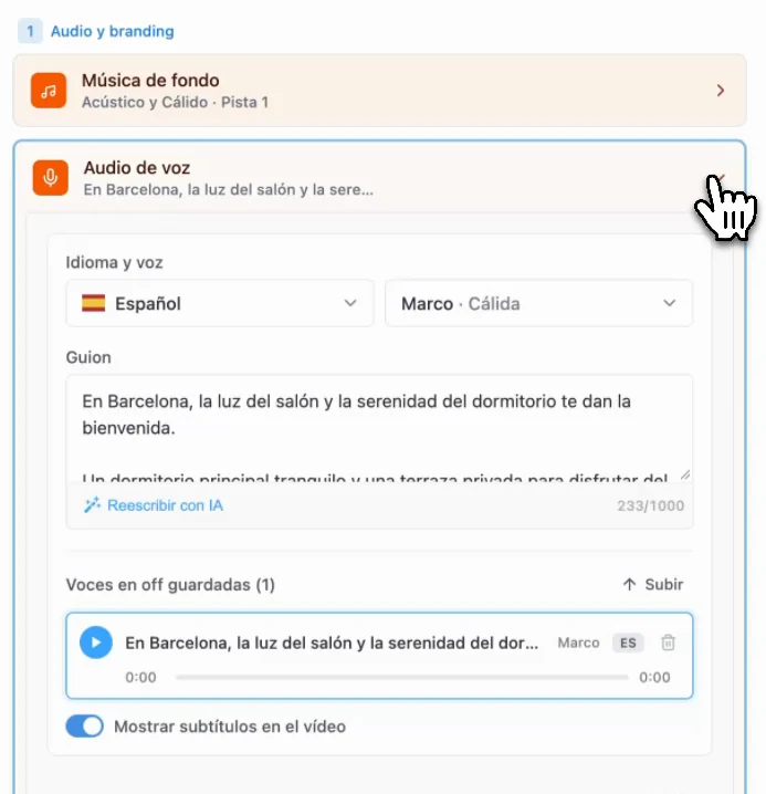 Ajustes de la voz en Pedra: idioma, voz, guion y subtítulos
