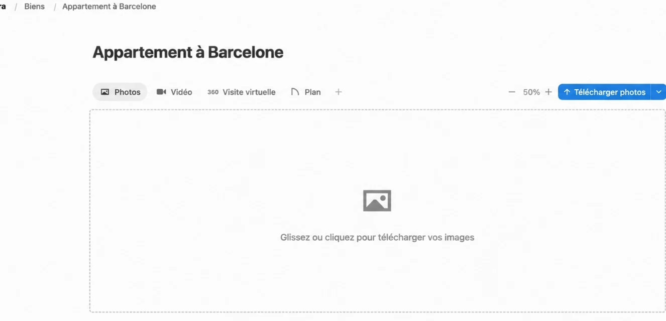 Page du bien dans Pedra avec la zone d'import des photos de l'annonce