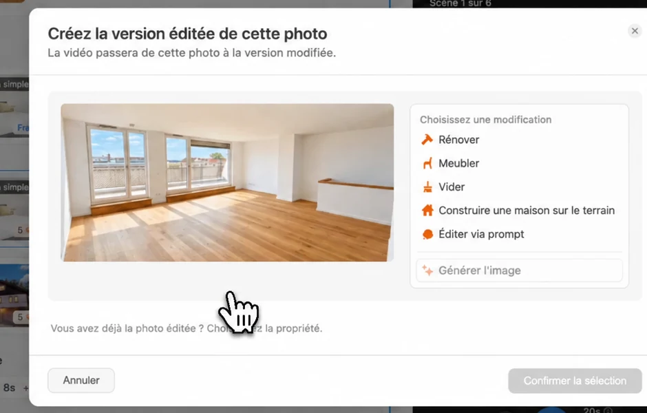 Effet apparition : choisir Meubler pour que les meubles apparaissent dans la pièce vide