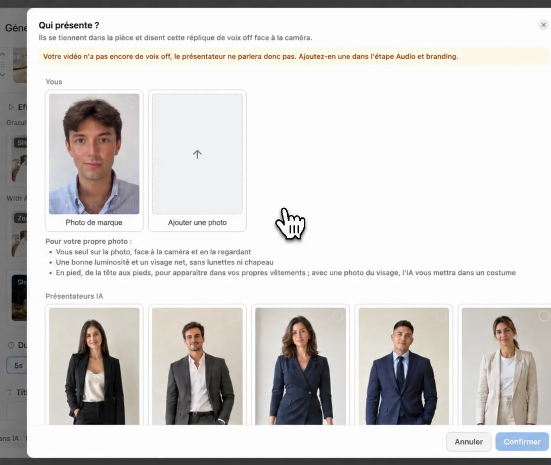 Effet présentateur : une photo de l'agent ou l'un des présentateurs IA