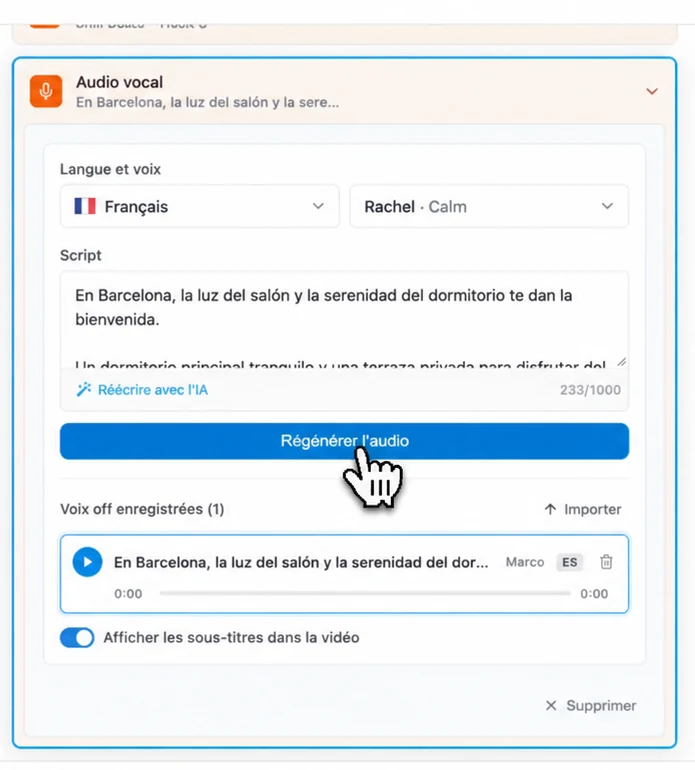Réglages de la voix off dans Pedra : langue, voix, script et sous-titres