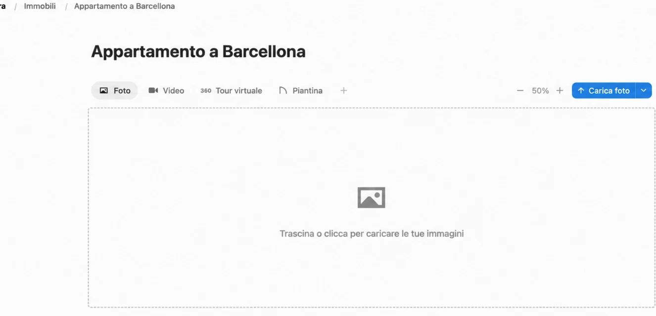 Pagina dell'immobile in Pedra con l'area per caricare le foto dell'annuncio