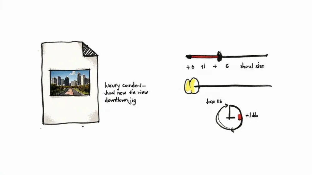 Real estate marketing diagram showing luxury condo image file with data size and compression annotations