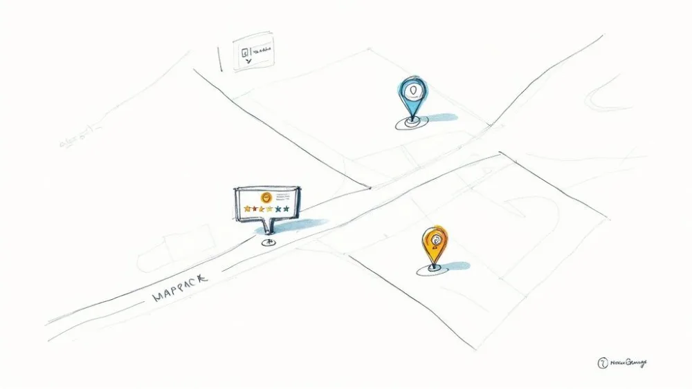 Isometric map illustration showing location pins and customer review ratings for local business marketing