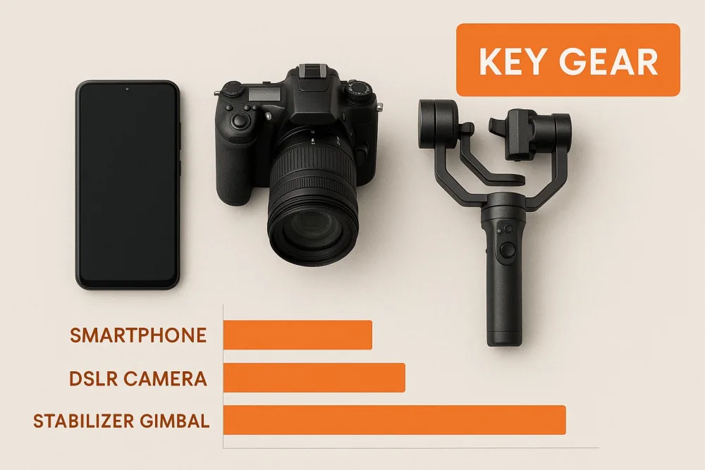 Smartphone, DSLR and stabiliser gimbal laid out with a bar chart comparing them
