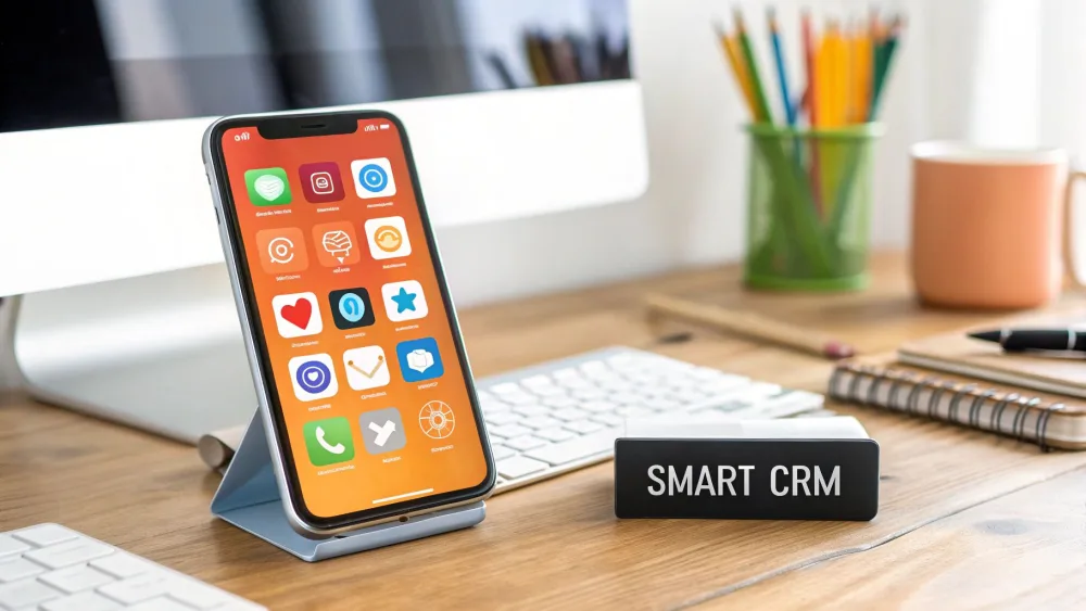 Smartphone su un supporto da scrivania con le icone delle app accanto a un cartello CRM