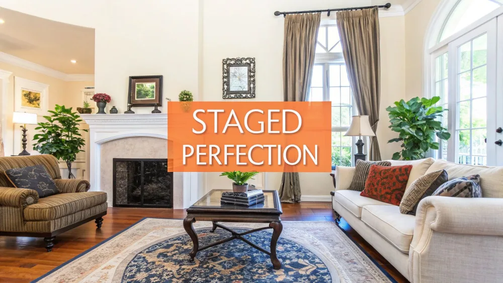 Staged living room with a fireplace, patterned rug and cream sofa
