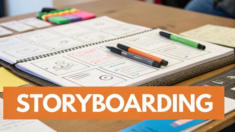 Storyboard disegnato su un quaderno con dei pennarelli accanto