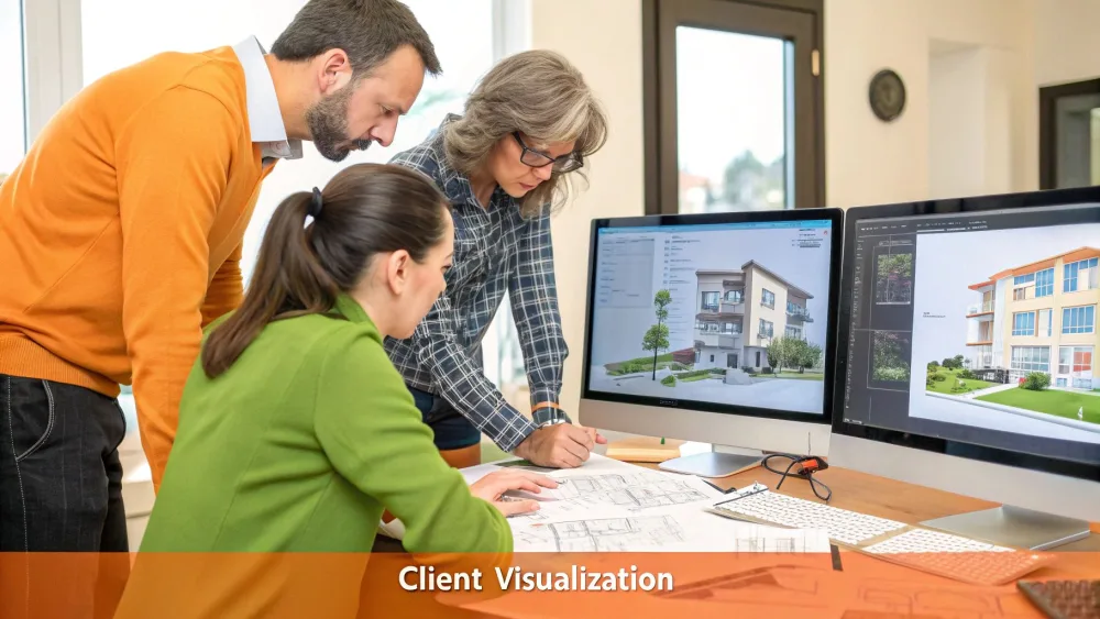 Tre colleghi che esaminano rendering architettonici su due monitor con planimetrie stampate
