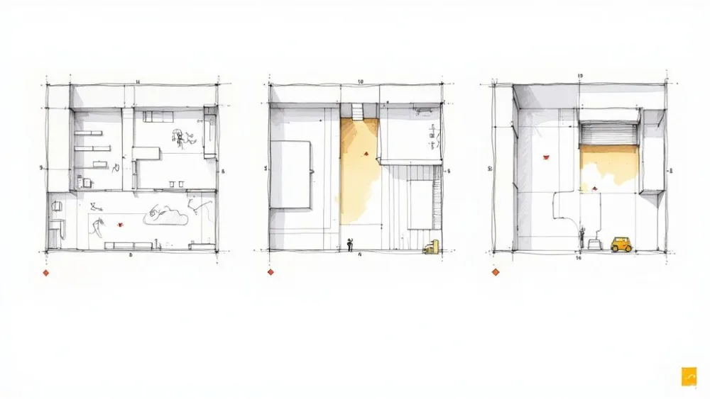 Three different commercial floor plans for an office, retail store, and warehouse