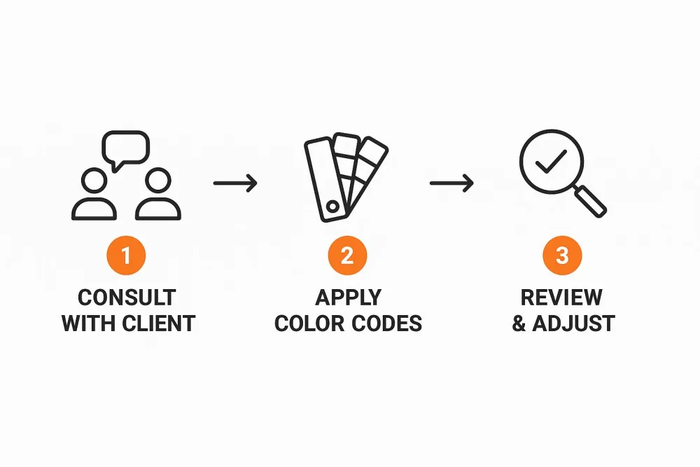 Diagramma in tre passaggi: consultare il cliente, applicare i codici colore, rivedere e correggere