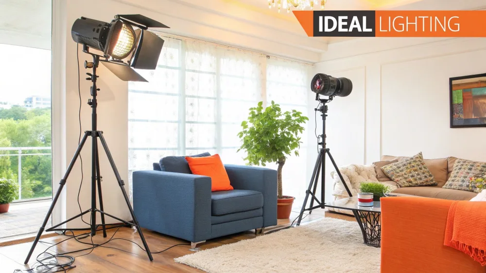 Deux éclairages de studio sur pied installés pour éclairer un salon