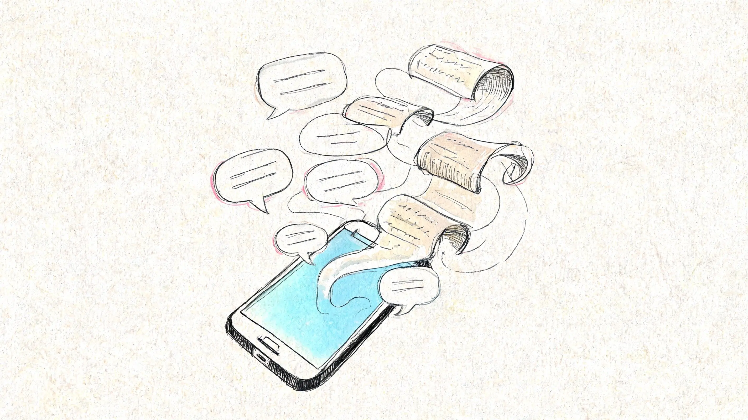 Teléfono inteligente enviando varios mensajes de texto y documentos en burbujas digitales.