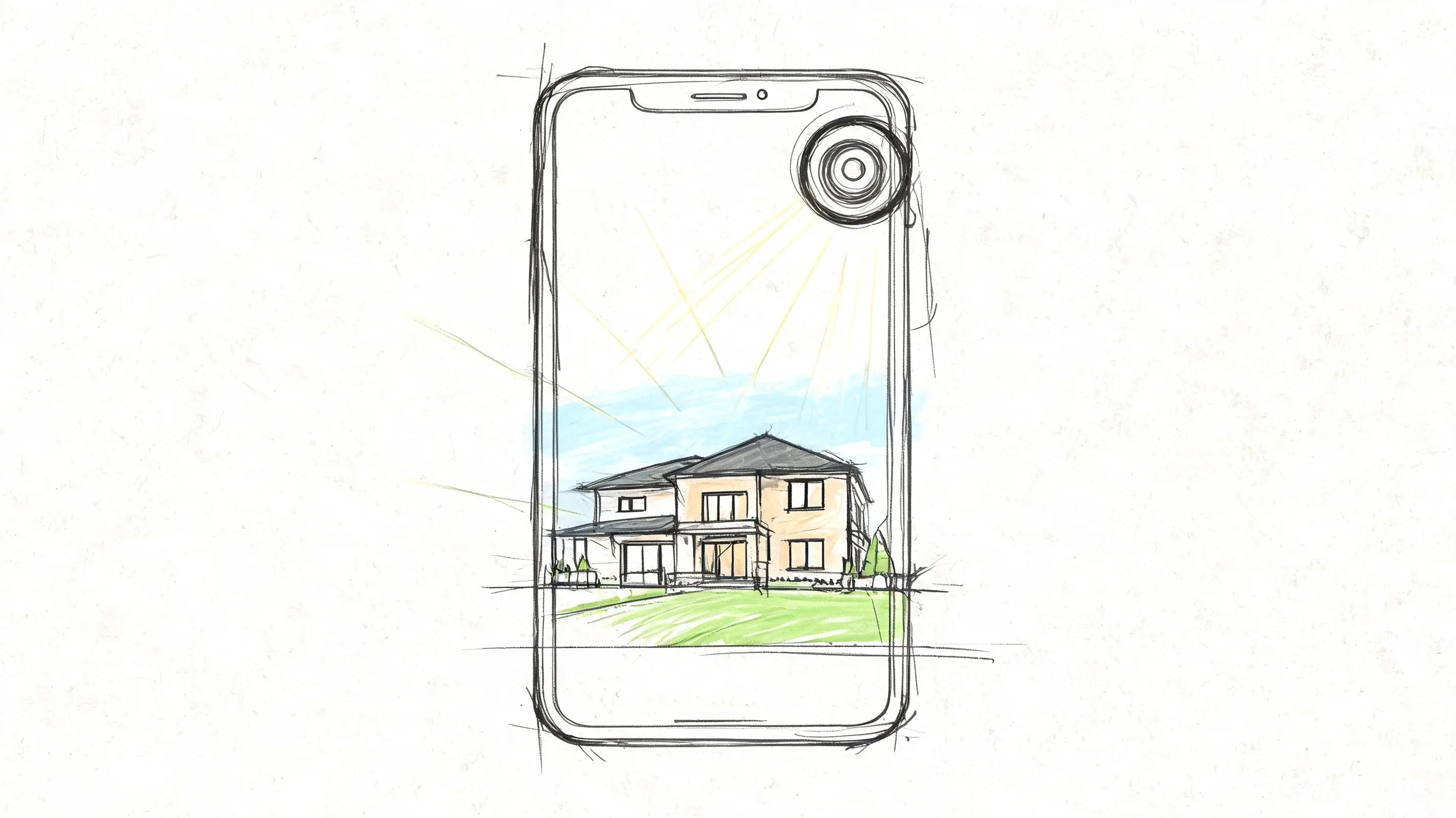 Boceto de un teléfono inteligente capturando la imagen de una casa residencial moderna.