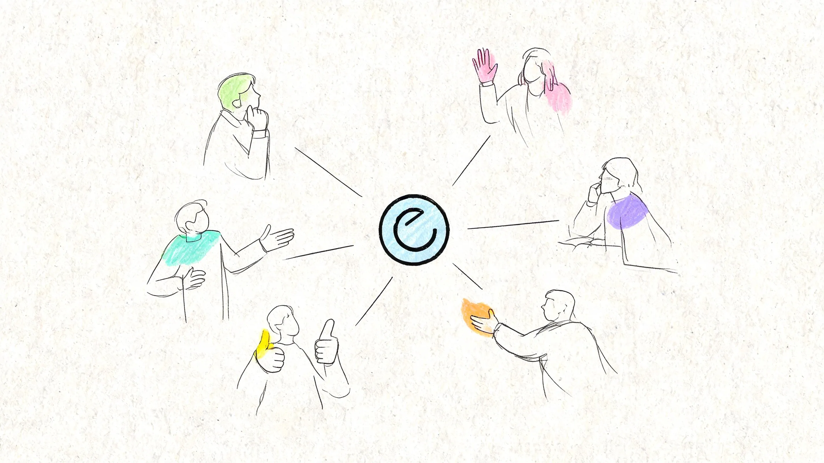 Seis pessoas desenhadas à mão rodeiam um ícone circular central com a letra e minúscula.