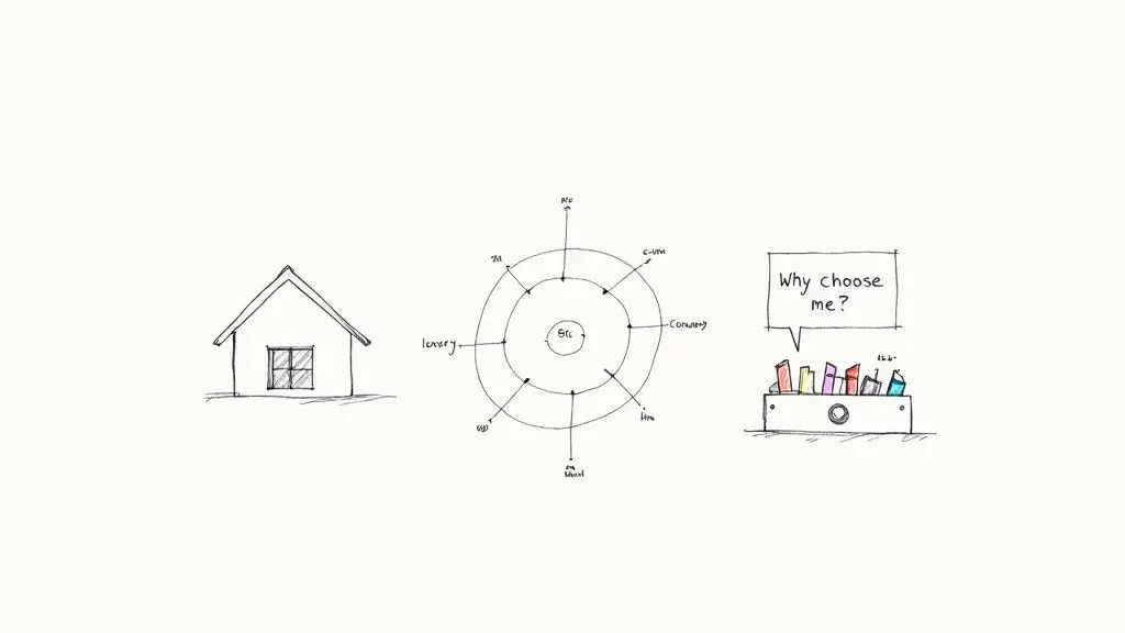Bocetos que ilustran una casa, un diagrama de estrategia empresarial inmobiliaria y la pregunta '¿Por qué elegirme?'.
