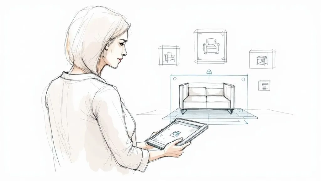 Un agent immobilier utilisant une tablette pour visualiser des idées de design d'intérieur