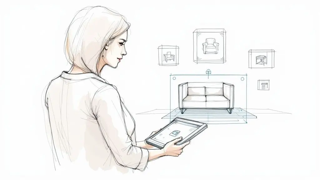 Un panel inmobiliario futurista que muestra visualizaciones de propiedades impulsadas por IA