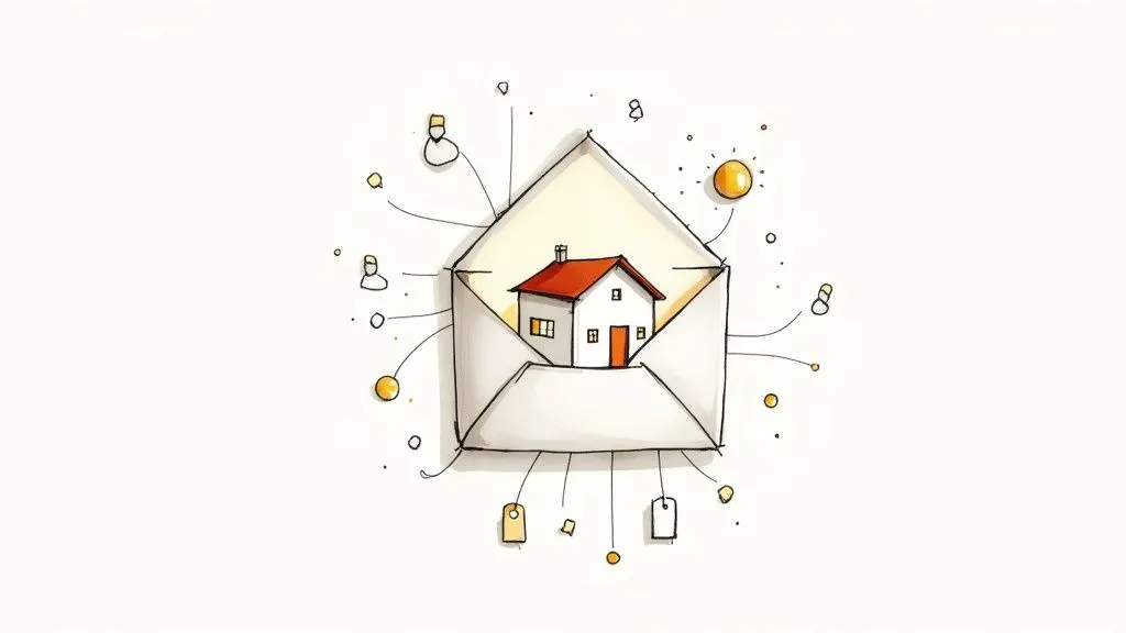 Une illustration dessinée à la main d'une maison à l'intérieur d'une enveloppe ouverte, connectée à diverses icônes de marketing digital.