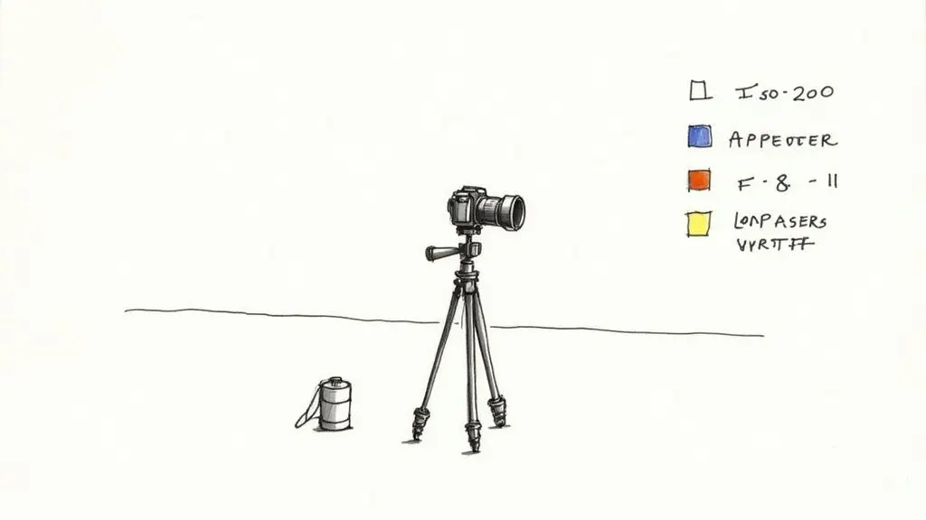 Eine Nahaufnahme einer professionellen Kamera, die auf einem Stativ montiert ist, bereit für eine Dämmerungs-Immobilienfotografie, mit einem wunderschön beleuchteten Haus im Hintergrund.