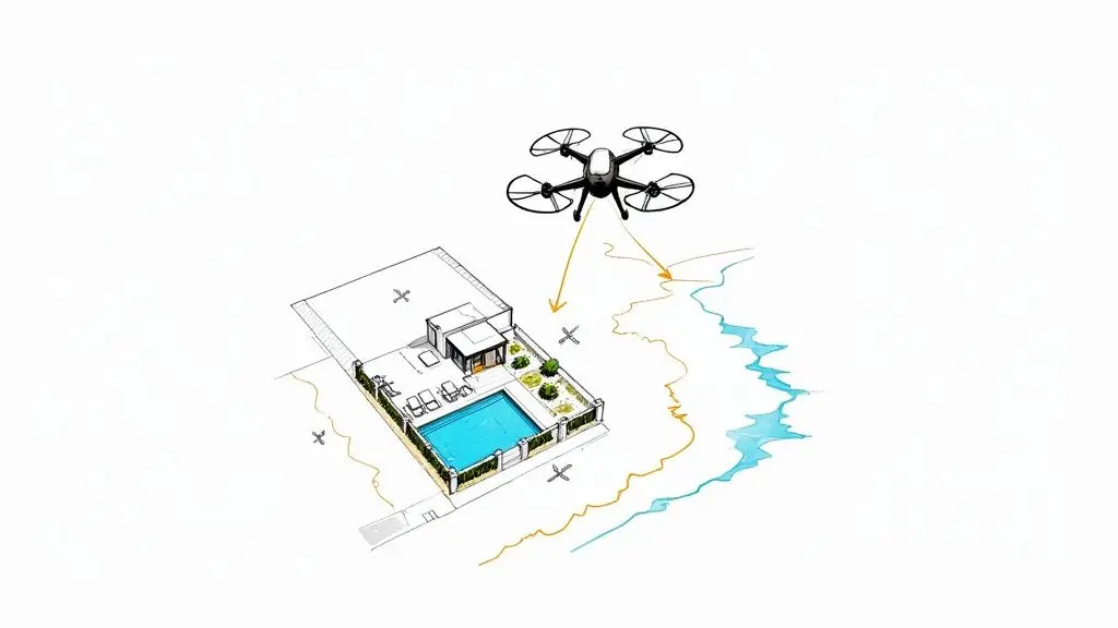 Drohne, die Luftaufnahmen einer modernen Luxusvilla mit Swimmingpool für Immobilienmarketing aufnimmt