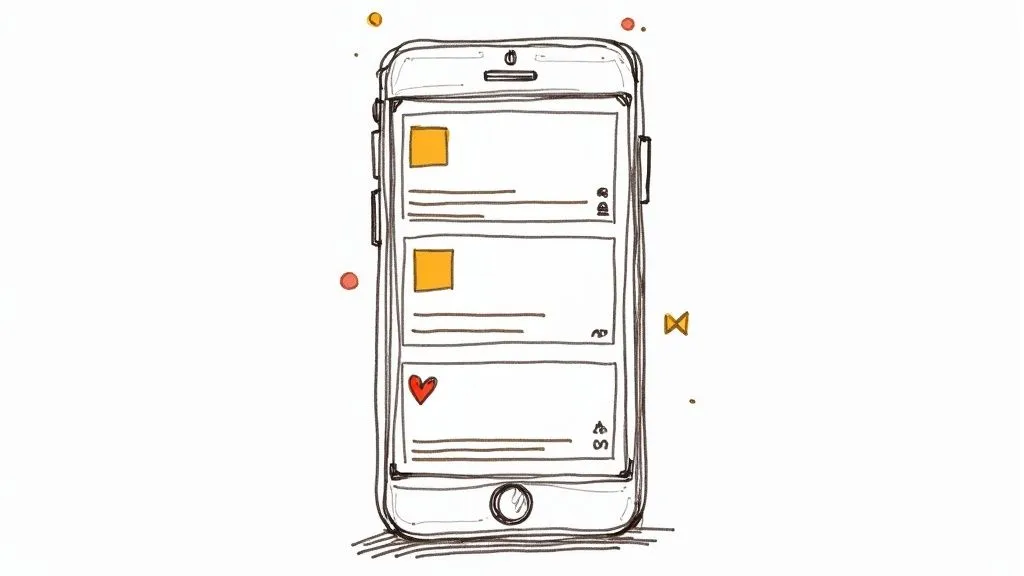 Smartphone exibindo feed de mídia social com postagens contendo imagens e ilustração de ícone de coração