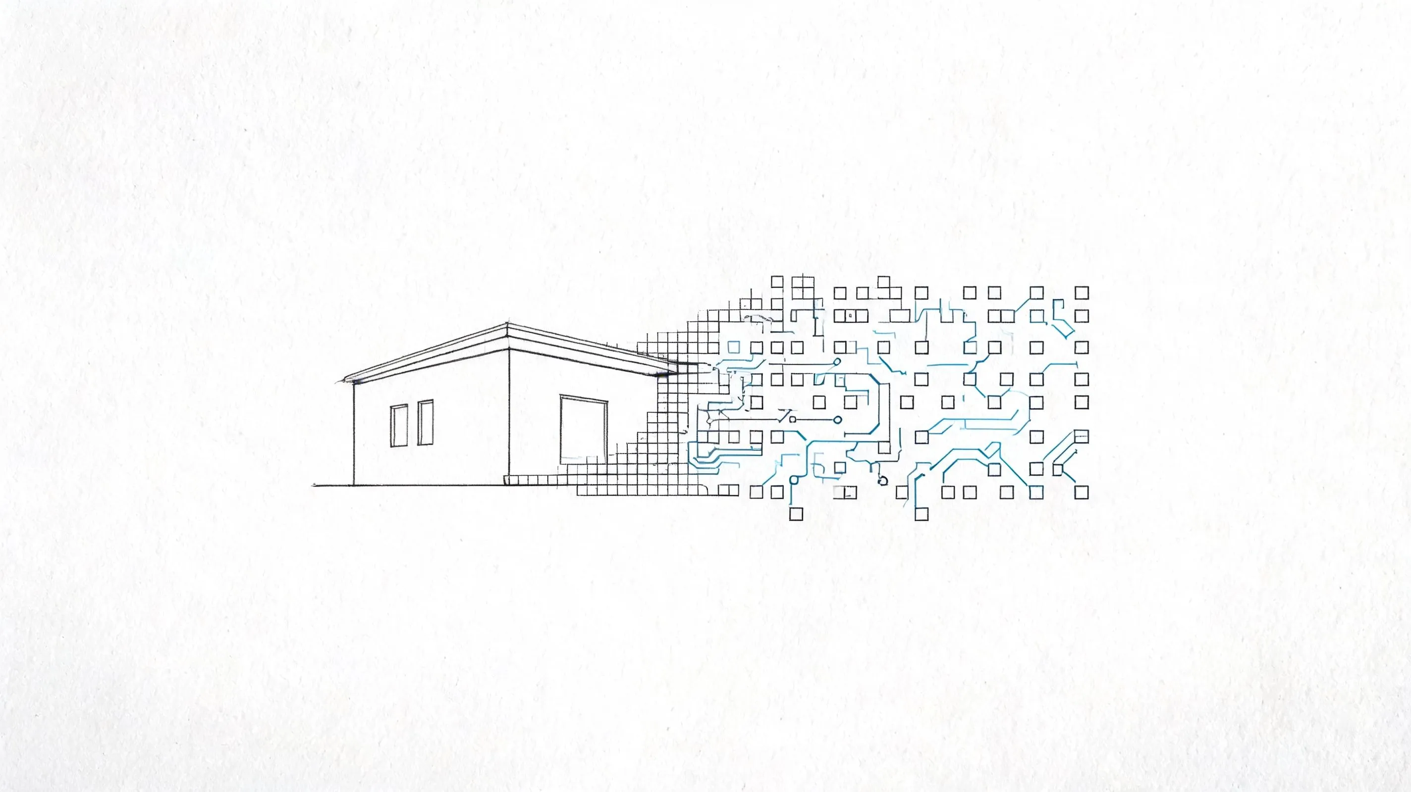 Illustration minimaliste montrant une maison se transformant numériquement en circuits électroniques et pixels sur fond blanc.