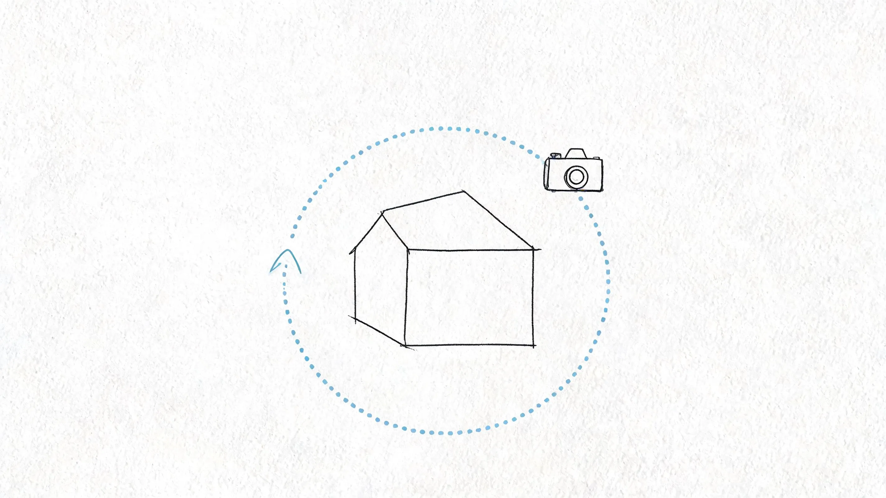 Illustration minimaliste d'un appareil photo tournant autour d'une maison, représentant les services de photographie immobilière professionnelle.