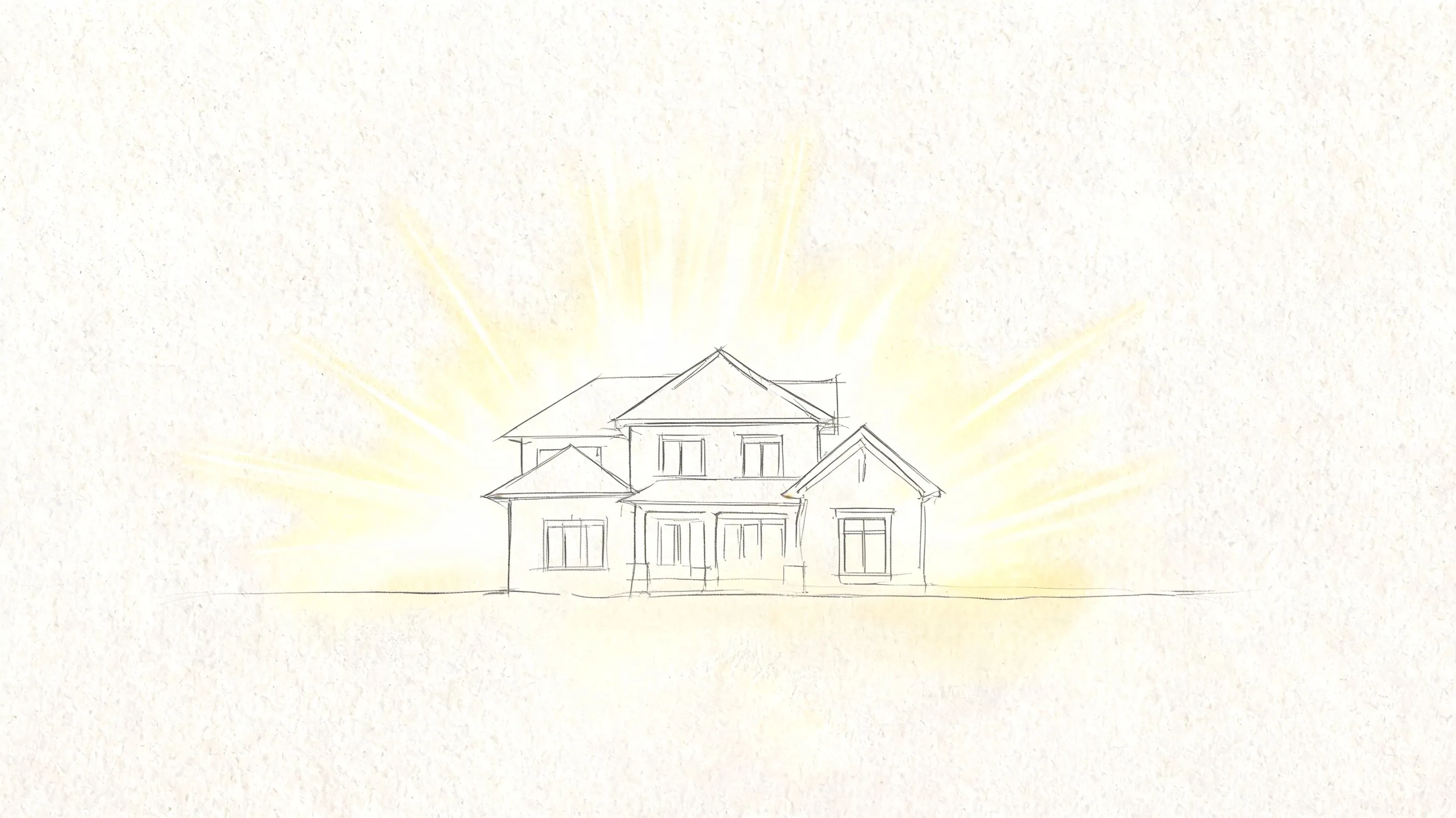 Dessin au crayon d'une maison familiale avec une lueur dorée illuminant le fond blanc.