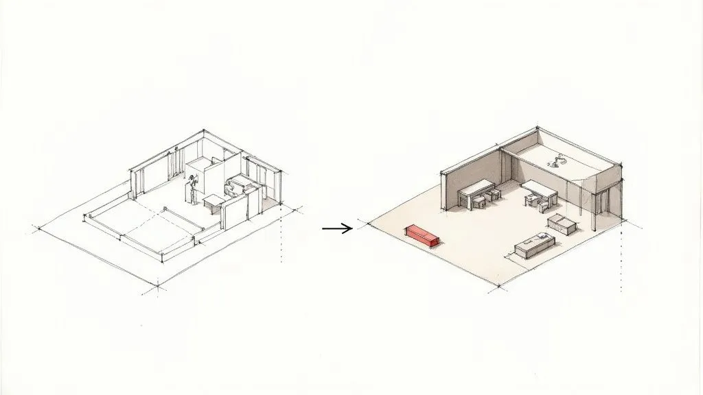 Planta 3D de um espaço de escritório comercial transformado com home staging virtual