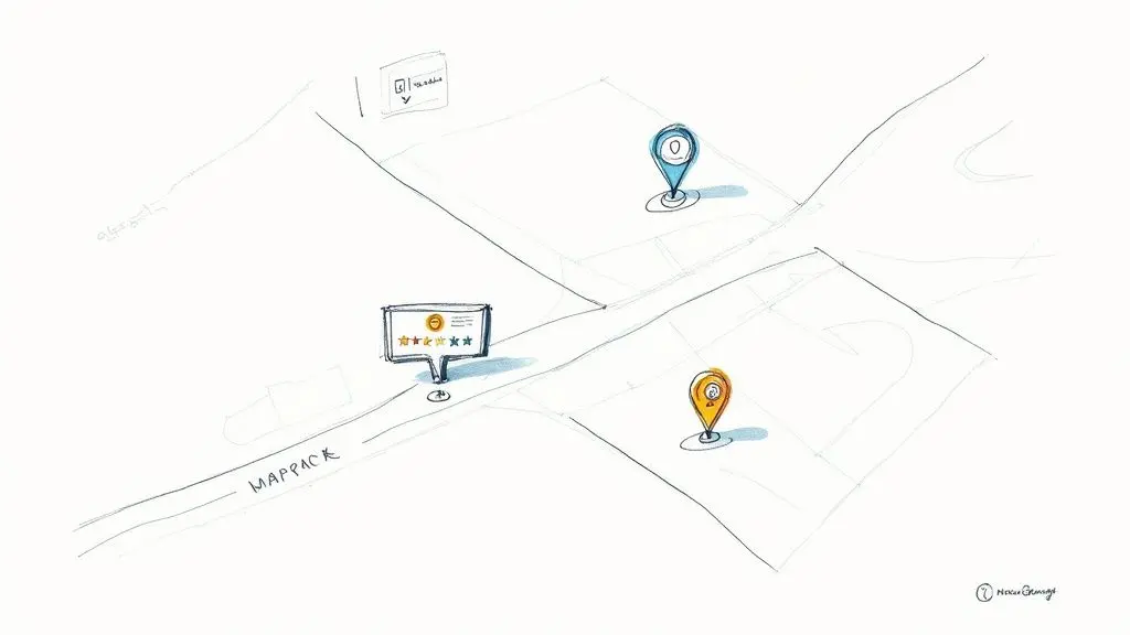 Isometrische Kartenillustration mit Standort-Pins und Kundenbewertungen für lokales Immobilienmarketing
